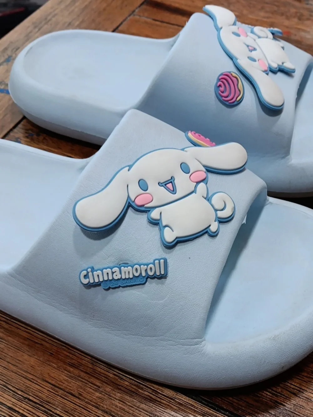 Kids Light Blue Slide Sandals with Cute Character Cinnamoroll.